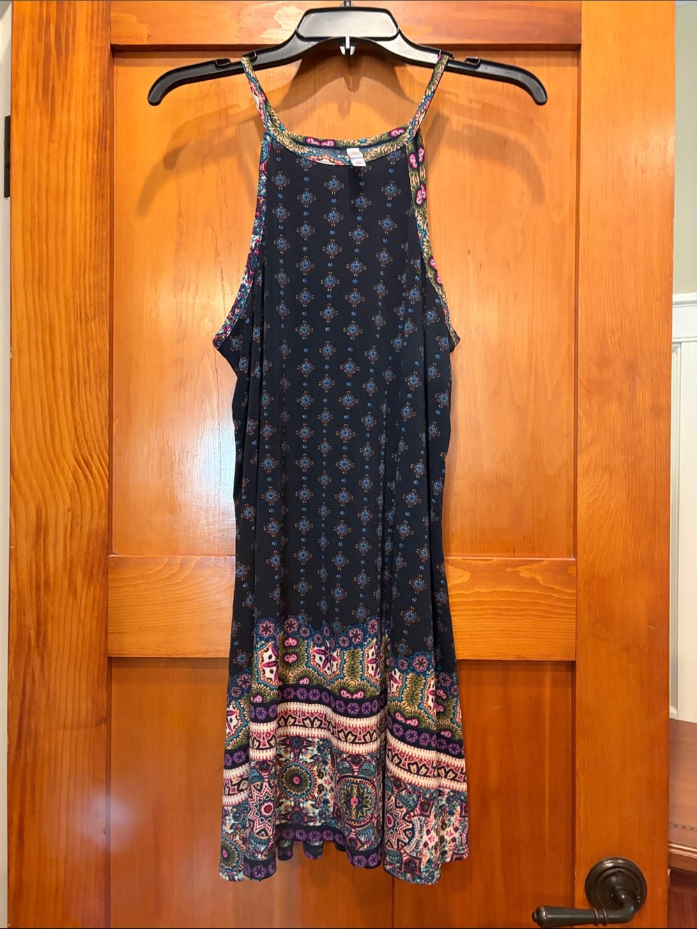 Xhilaration Navy Mini Dress with Pink, Green & Purple Border Print